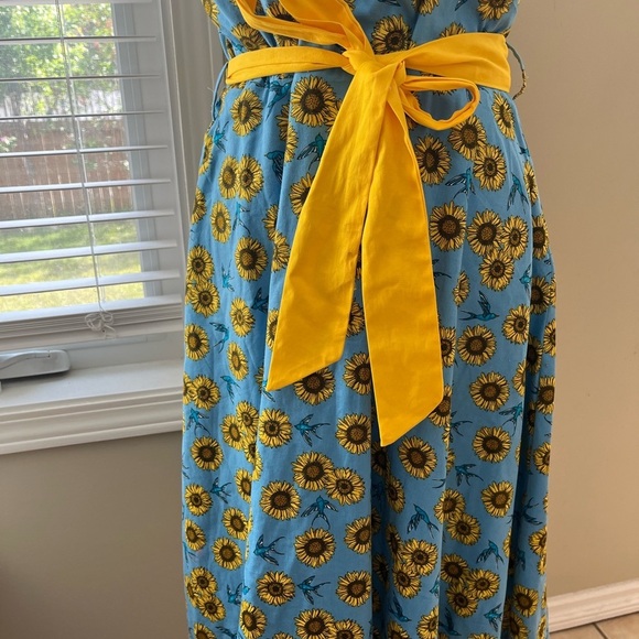 [US10]Lindy Bop Stephanie Sunflower Bird Blue Mid Dress Waist Belt V Done - Picture 3 of 13